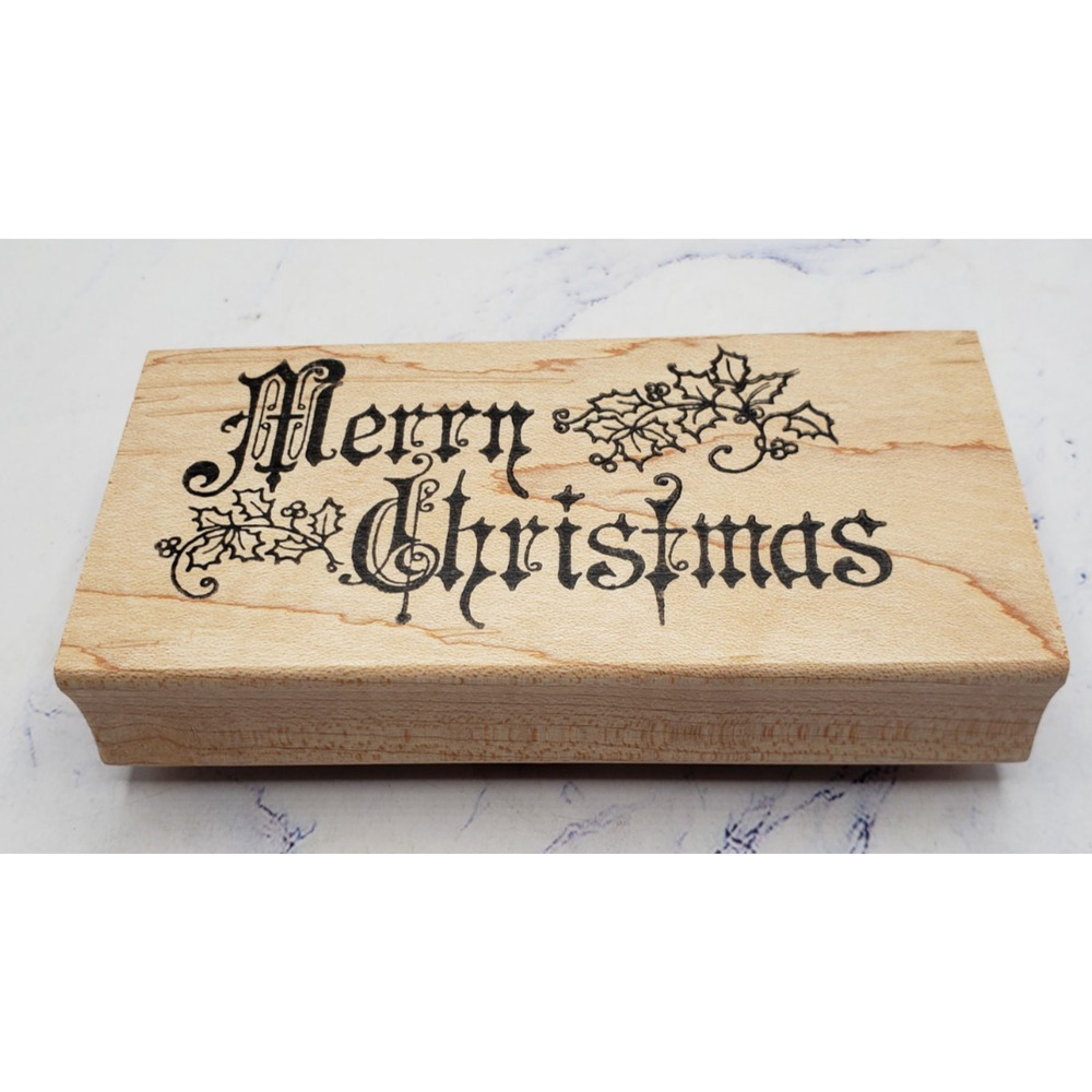 Merry Christmas With Holly Berry Northwoods Stamps Wood Mounted Rubber Stamp